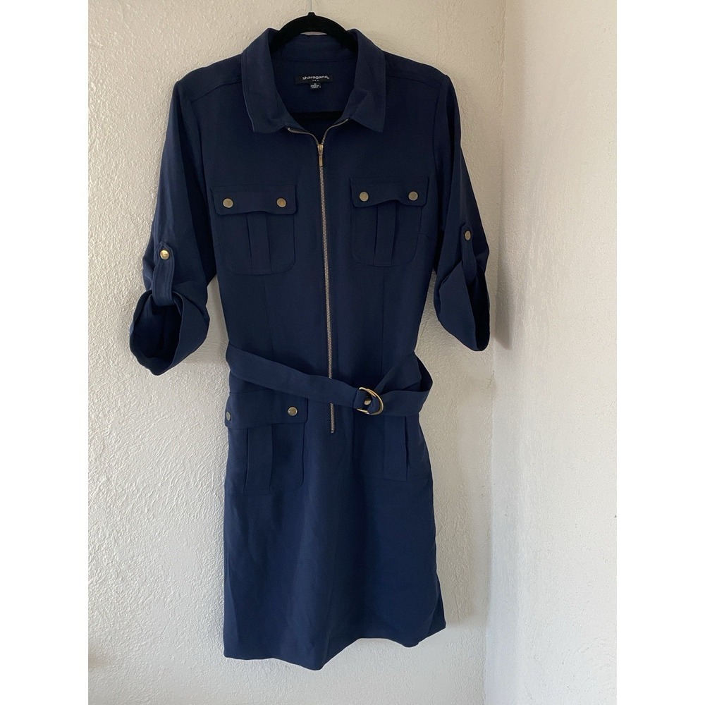 Women's Navy Blue Shirt Dress Size 12 Belted Pockets Knee Length 3/4 Sleeve